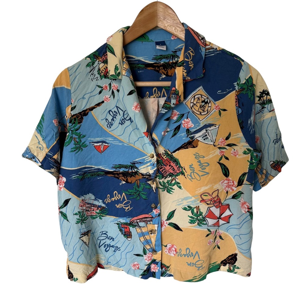 Old Navy Button Down Shirt Women Small Blue Multicolor Excellent Bon Voyage Map